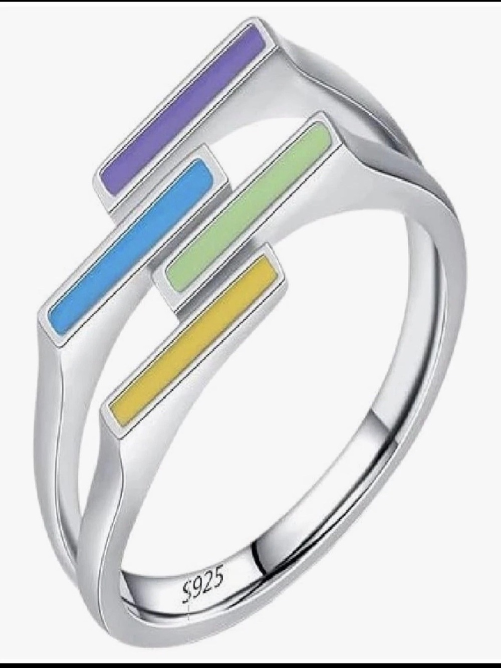 Sterling Silver Multicolor Enamel Bar Ring - Purple Blue Green Yellow size 8